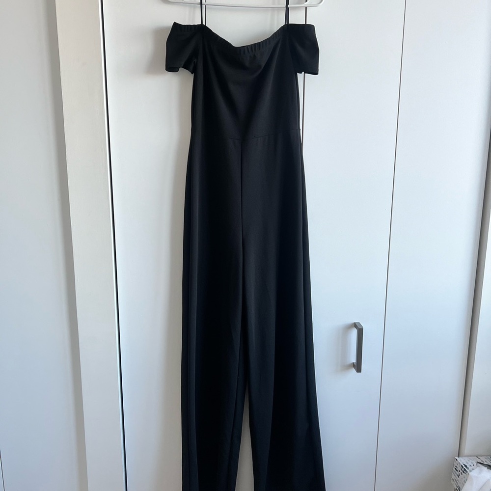 Black off the shoulder wide leg jumpsuit